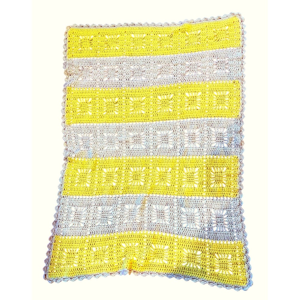 Vintage Yellow White Crochet Baby Afghan Wheelchair Lap Throw 50 x 32